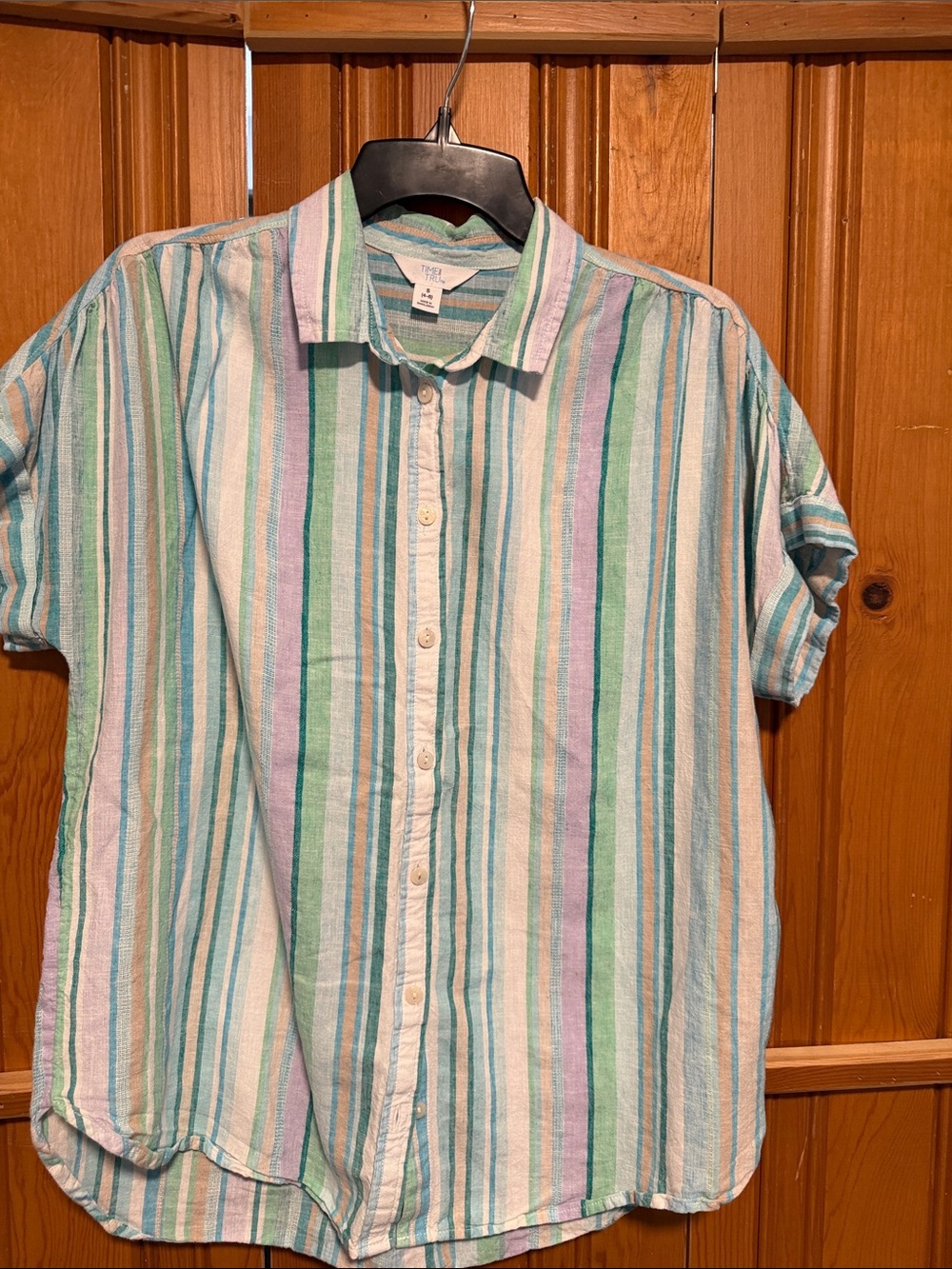 Women’s Short-Sleeve Stripe Button-Up Shirt - Pastel Green & Blue